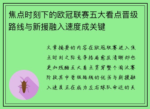 焦点时刻下的欧冠联赛五大看点晋级路线与新援融入速度成关键